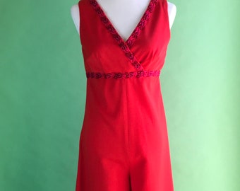 Vintage 70s Red Palazzo Jumpsuit, Empire Waist, Wide Leg - Size Small