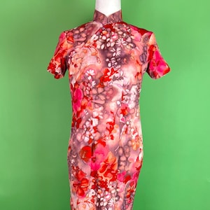 Vintage Pink Red Watercolor Floral Cheongsam Dress -Size XS/S | Vintage Pink Qipao Dress | Vintage Floral Wiggle Dress with Mandarin Collar