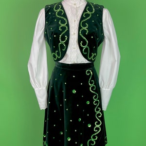 Vintage Green Sequined Velvet Skirt and Vest - Size XS | Vintage Christmas Outfit Holiday Party | 70s Fancy Velvet Country Western Dress