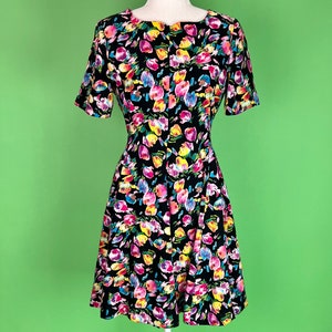 Vintage 80s Tulips Dress - Size XS/S | Vintage 80s Rainbow Floral Party Dress | Little Black Floral Dress | Vintage Spring Dress