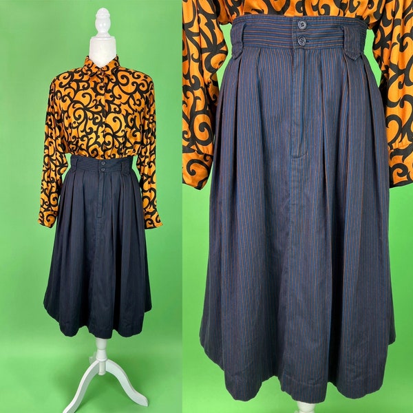 Vintage 80s Banana Republic Navy Blue Safari Skirt - Size Small | Vintage Pleated Striped Skirt | Vintage Summer Cotton Skirt