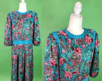 Vintage 80s Diane Freis Bold Paisley Floral Pleated Dress - Size L/XL | 80s Secretary Dress | 80s Designer Fashion | Floral Jewel Dress