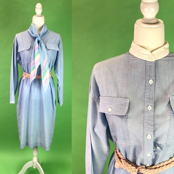 Vintage 80s Blue Oxford Shirtwaist Dress - Size M/L | Vintage 80s Preppy Shirt Dress with Band Collar | 80s Women's Menswear Style Dress