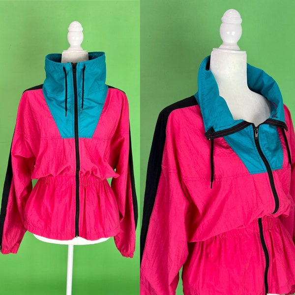Vintage 80s/90s Pink Teal and Black Windbreaker Jacket - Size S/M | 90s Ski Jacket | Bright Pink Athletic Warm Up Jacket | 80s Sportswear