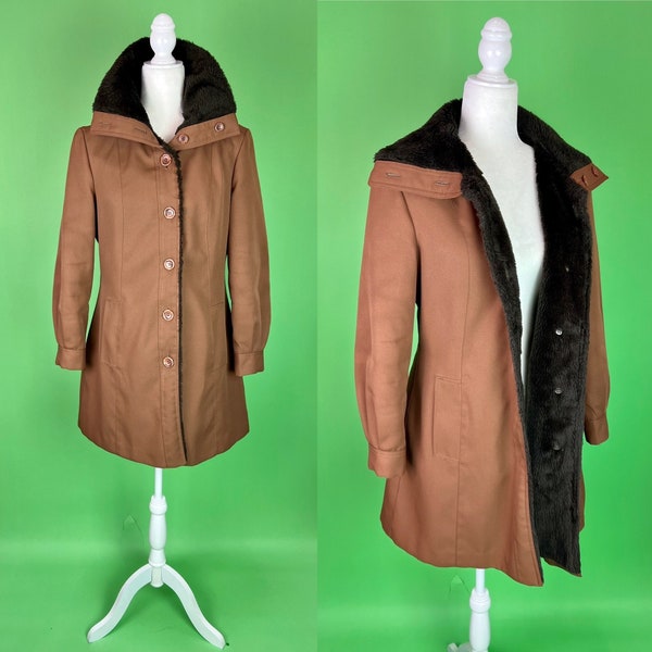 Vintage 70s Brown Coat with Brown Faux Fur Lining - Size Medium | 70s Vintage Overcoat | Brown Furry Hippie Coat | Brown Fur Lined Coat