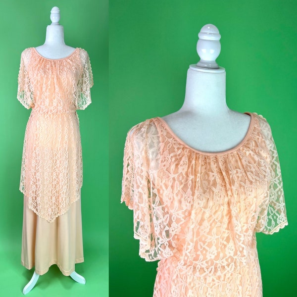 Vintage 70s Peach Lace Goddess Dress - Size Small | Vintage Peach Bridesmaid Dress | Flowy Peach Maxi Dress with Lace Split Sleeves