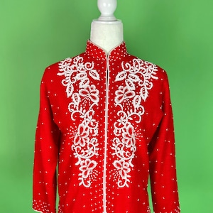Vintage Red and White Beaded Wool Cardigan Sweater - Size M/L | Vintage Christmas Sweater | Red Beaded Angora Sweater Beaded Holiday Sweater