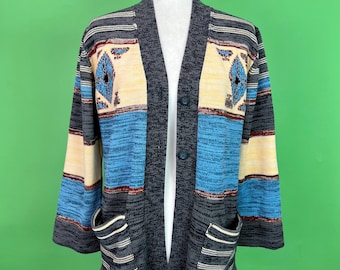 Vintage 70s Gray Blue Yellow Space Dyed Southwestern Cardigan Sweater - Size Medium