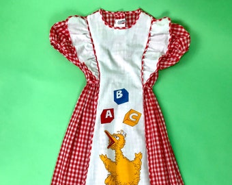 vintage pour filles Sesame Street Big Bird - Taille 6X | Robe chasuble rouge à carreaux vichy pour fille | Robe alphabet Big Bird | Robe d'été à carreaux vichy