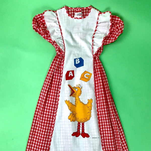 Vintage Girls' Sesame Street  Big Bird Dress - Size 6X | Girls' Red Gingham Pinafore Dress | Big Bird Alphabet Dress | Summer Gingham Dress