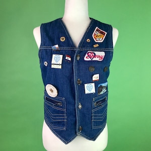 Vintage 70s/80s Denim Biker Vest with Motorcycle Pins and Patches - Size XS/S | Vintage Motorcycle Vest | Midwestern Motorcycle Club