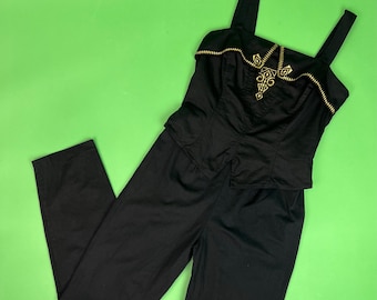 Vintage 80s/90s Black and Gold Embroidered Jumpsuit - Size Small | Vintage 80s Jumpsuit | 80s Glam Jumpsuit | Peplum Waist Jumpsuit