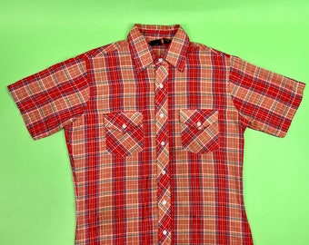 Vintage Men's Red and Gold Plaid Button-Up Shirt - Size Small | Vintage Plaid Shirt | Vintage Western Wear | Vintage Cowboy Shirt