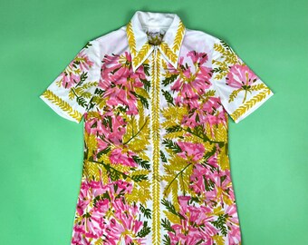 Vintage 70s Vera Neumann Pink Green Floral Blouse - Size Small