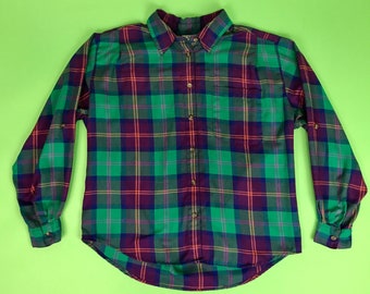 Vintage 80s/90s Green and Purple Flannel Plaid Shirt - Size Large | Vintage Fall Plaid Shirt | 90s Grunge Flannel Shirt | Twee Aesthetic