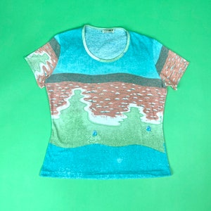 Vintage 70s Beach Landscape Shirt - Size Small | Vintage 70s Novelty Tee | Vintage Pastel Beach Shirt Summer Tee Landscape Tee