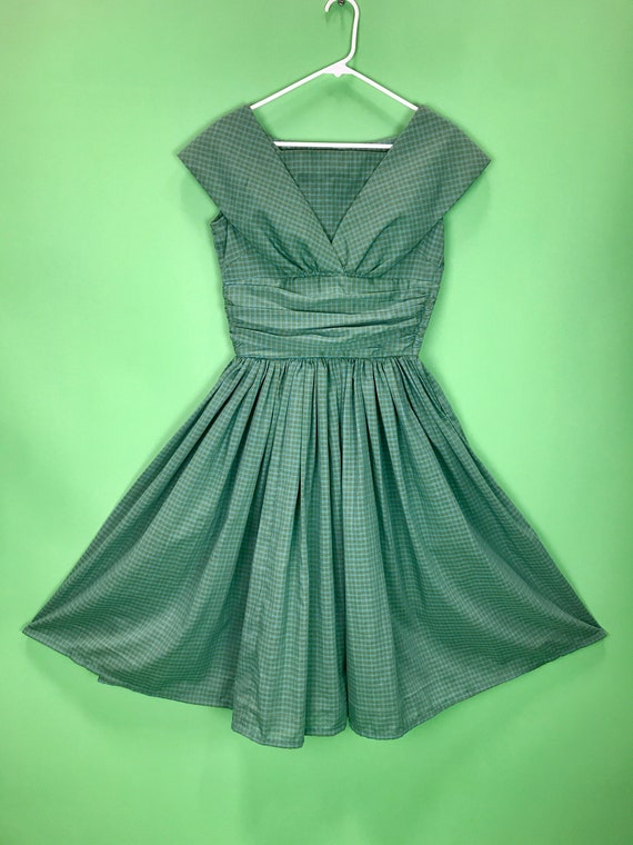 Vintage 50s Green and Blue Gingham Fit and Flare … - image 1