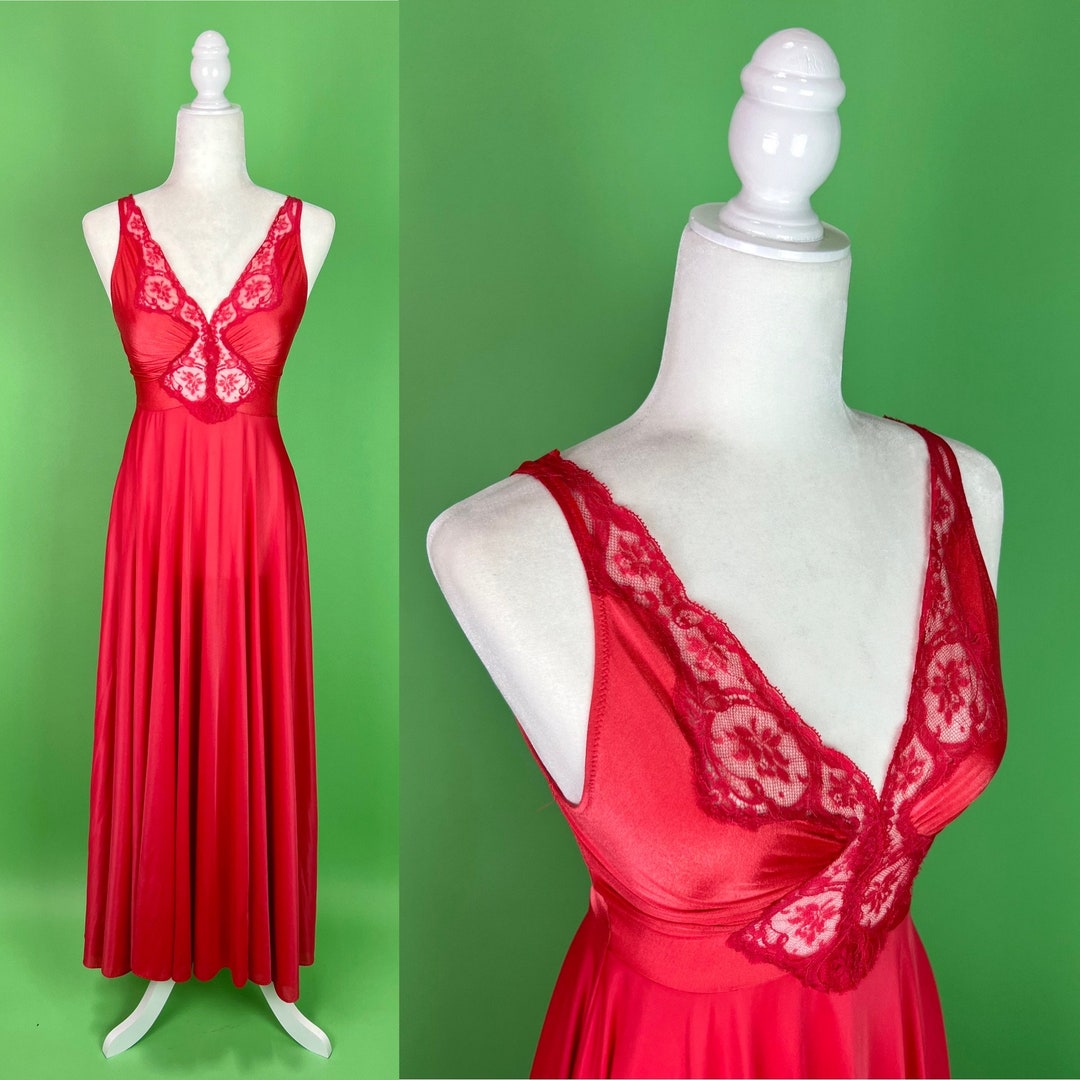 Vintage Olga Bodysilk Long Red Nightgown With Huge Sweep Size Xs Valentine S Day Nightgown