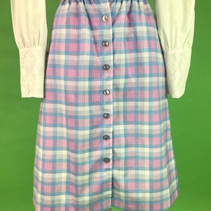 Op de afbeelding: Een blauwe en roze geruite rok met een knoopsluiting aan de voorkant. De rok is knielengte en heeft een geplooide taille.