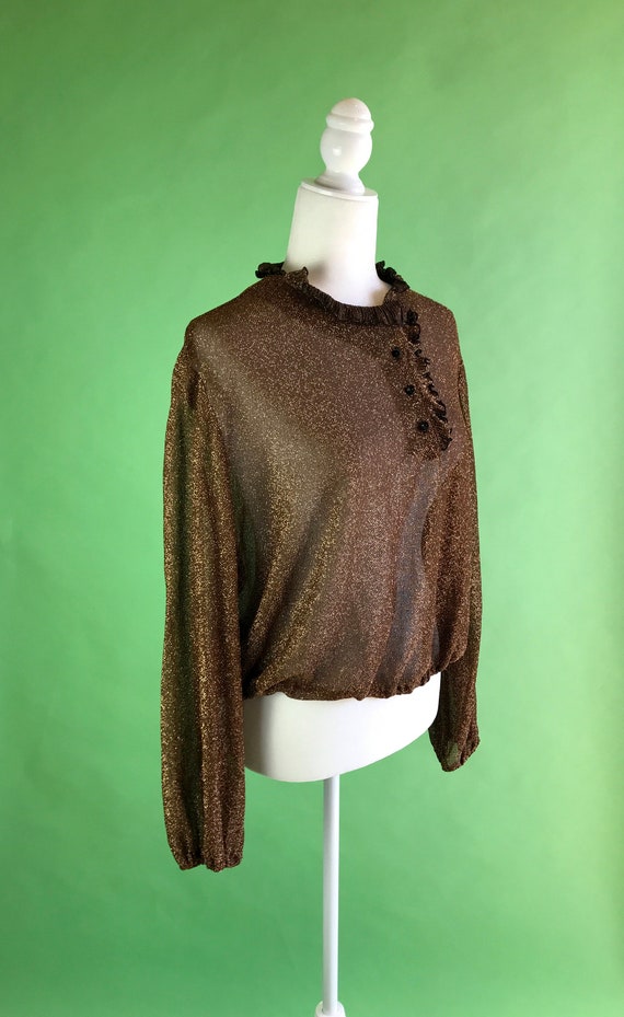 Vintage 70s/80s Metallic Bronze Sheer Blouse with… - image 3