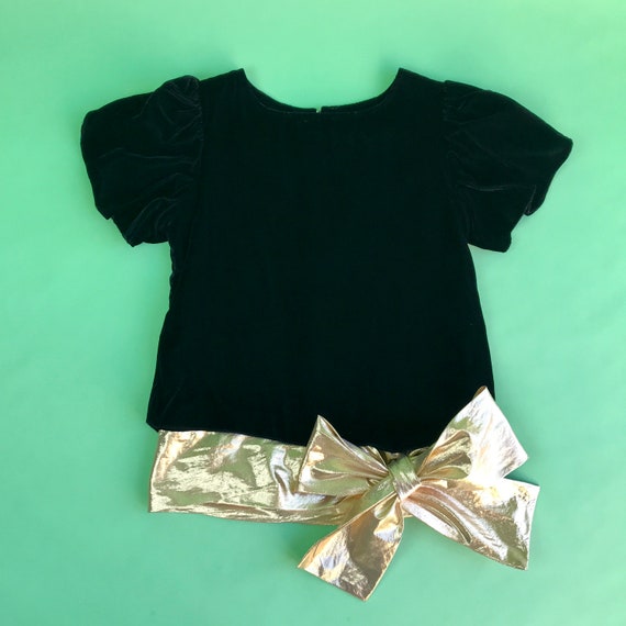 Vintage 80s Girls' Black Velvet Blouse with Gold … - image 1