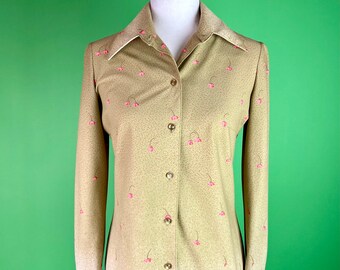 Vintage 70s Speckled Ombre Floral Print Blouse, Long Sleeve Collared Shirt - Size Small
