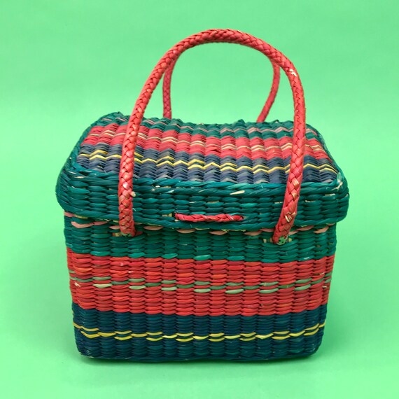 Vintage Green Pink Blue Woven Straw Basket Purse … - image 8