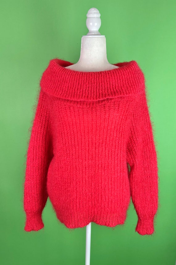 Vintage Neon Coral Mohair Sweater with Large Cowl… - image 1