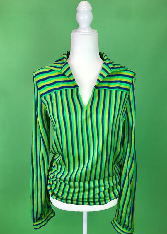 Vintage 60s/70s Blue and Green Striped Knit Hippi… - image 1