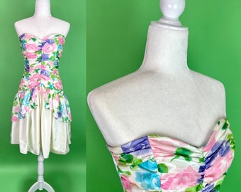 Vintage 80s Gunne Sax Pastel Floral Party Dress - Size Small | 80s Jessica McClintock Spring Formal Dress Strapless Ruffled Drop Waist Dress