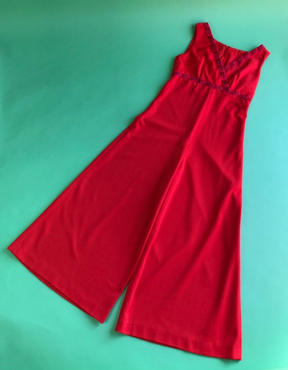 Vintage 70s Red Wide Leg Jumpsuit - Size Small | … - image 2
