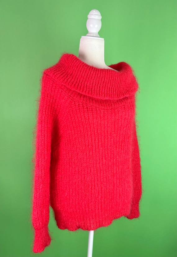 Vintage Neon Coral Mohair Sweater with Large Cowl… - image 3