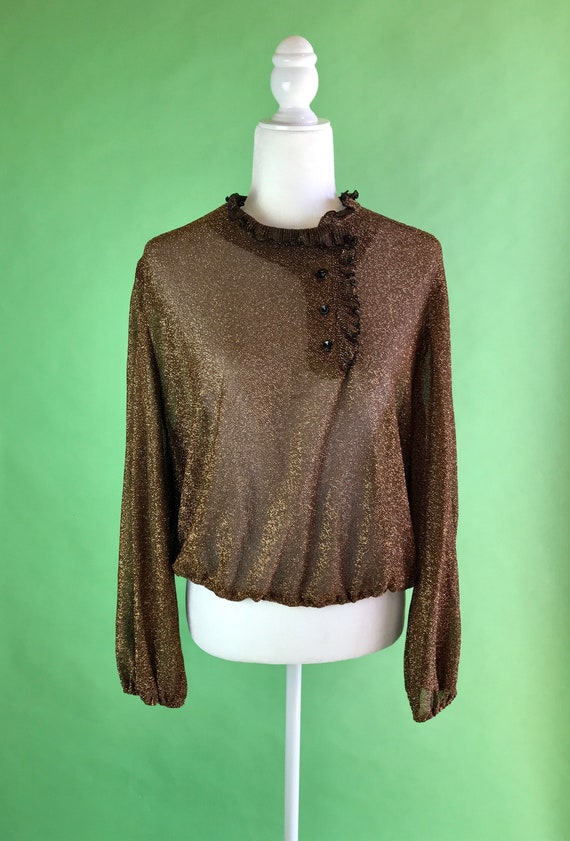 Vintage 70s/80s Metallic Bronze Sheer Blouse with… - image 1