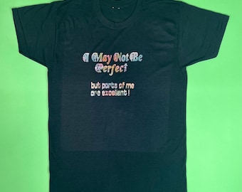 Vintage 70s Black Glitter Iron-On Transfer Novelty Tee I May Not Be Perfect - Size M/L