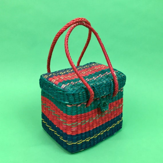 Vintage Green Pink Blue Woven Straw Basket Purse … - image 1