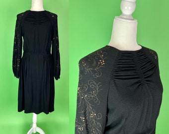 Vintage 1930s Black Crepe Dress with Gold Embroidery and Gelatin Sequins - Size Medium | Vintage 30s Sequined Dress | 30s Mourning Dress
