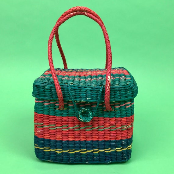 Vintage Green Pink Blue Woven Straw Basket Purse … - image 4