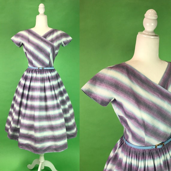 Vintage 1950s Purple Blue Grey White Striped Fit … - image 1