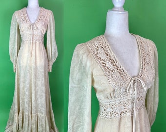 Vintage Gunne Sax Black Label Ivory Crochet Dress with Bishop Sleeves - Size XS/S | 70s Gunne Sax Wedding Dress Cottagecore Dress