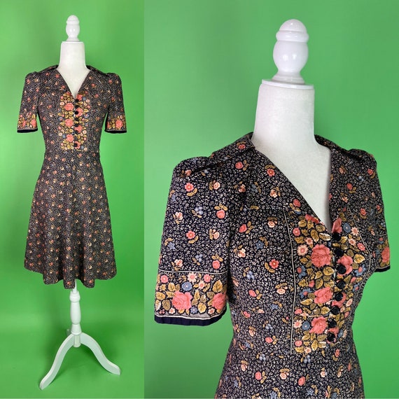 Vintage Dark Calico Prairie Dress - Size XXS | Gu… - image 1
