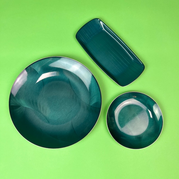 Vintage Cathrineholm Enamel Plate Set - Cathedral Line in Teal | 50s/60s Cathrineholm Plates | Mid Century Enamelware | Scandinavian Design