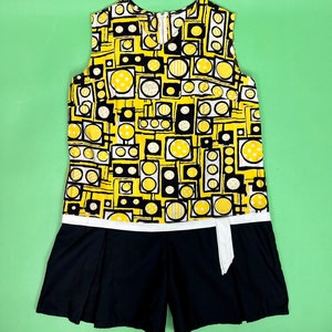 Vintage 1960s Yellow Black and White Geometric Romper - Size XL | Vintage Mod Drop Waist Romper | Go Go Girl Scooter Dress 1960s Playsuit