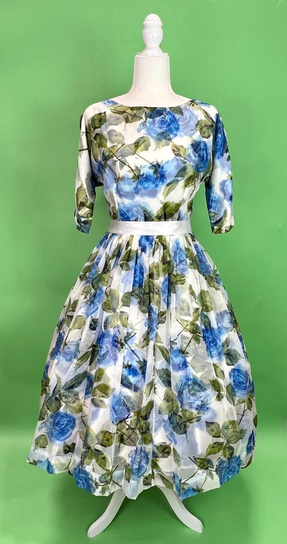 Vintage 50s 60s Blue Roses Floral Chiffon Fit & Flare Party Dress - Size  M/L