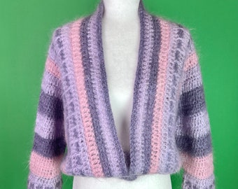 Vintage Lavender and Pink Mohair Crochet Cardigan Sweater - Size Medium | Vintage Pastel Aesthetic Sweater | Kawaii Fairy Kei Fairycore