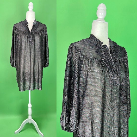 Vintage 70s Rainbow Metallic Sheer Black Tunic - S