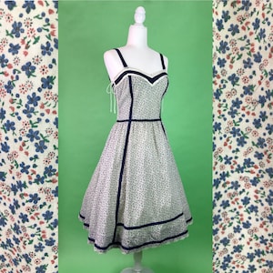 Vintage Gunne Sax Blue and Ivory Calico Sundress Double Corset Lace up Sides - Size Medium | Prairie Cottagecore Dress Country Floral Dress