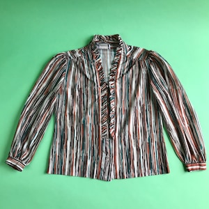 Vintage 70s Ruffled Striped Secretary Blouse - Size Medium | Vintage Teddi Blouse | 70s Fall Colors Blouse | Brown Striped Blouse