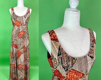 Vintage 70s Brown and Orange Tiki Maxi Dress - Size Medium | Aboriginal or Polynesian Dress | Vintage Hawaiian Dress | Barkcloth Dress