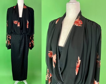Vintage 80s Wayne Clark Black Chiffon Goldfish Dress - Size Medium | Vintage 80s Black Evening Gown | 80s Formal Wear | 80s Fish Dress