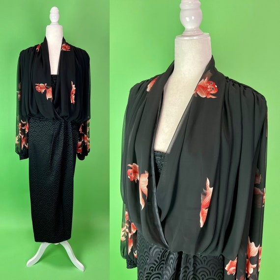 Vintage 80s Wayne Clark Black Chiffon Goldfish Dr… - image 1